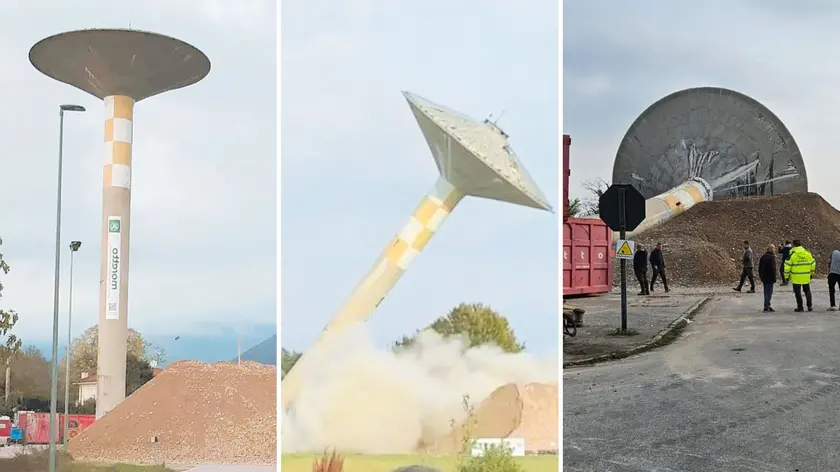 Una sequenza della spettacolare demolizione della torre "fungo" di borgo Vivina, a Campagna di Maniago
