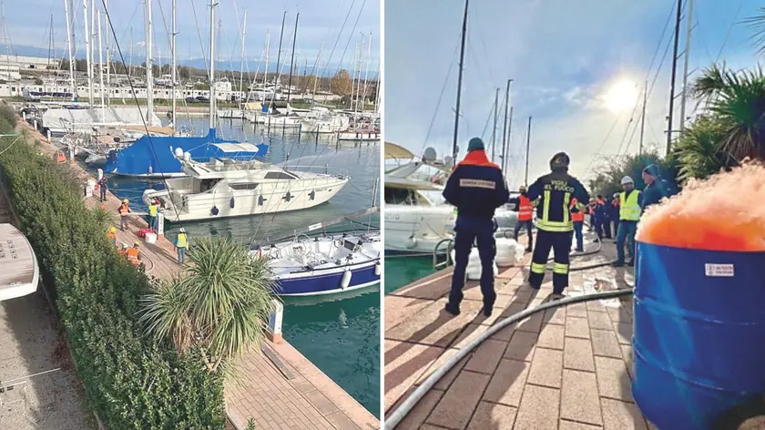 Lo spegnimento dell’incendio da parte della Guardia costiera e della squadra antincendio della Marina; a destra, spegnimento con segnalazione