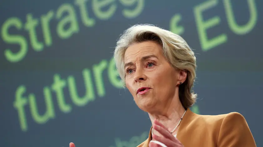 epa11583605 European Commission President Ursula Von der Leyen speaks during a press conference as she receives the final report of the Strategic Dialogue on the Future of EU Agriculture, in Brussels, Belgium, 04 September 2024. Entitled 'A shared prospect for farming and food in Europe', the report presents an assessment of challenges and opportunities, followed by a set of recommendations. The European Commission will use these suggestions to shape its Vision for Agriculture and Food during the first 100 days of President von der Leyen's second mandate. EPA/OLIVIER HOSLET
