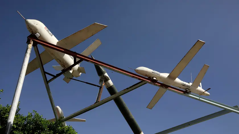 epa11377715 Mock Houthis-made drones and missile are on display at a square in Sana'a, Yemen, 29 May 2024. Yemen's Houthis have launched a total of six ballistic missile and drone attacks on various ships sailing in the Red Sea, the Arabian Sea, and the Mediterranean Sea as part of their operations against Israel and out of solidarity with the Palestinians in the Gaza Strip, according to Houthi military spokesman Yahya Sarea. EPA/YAHYA ARHAB