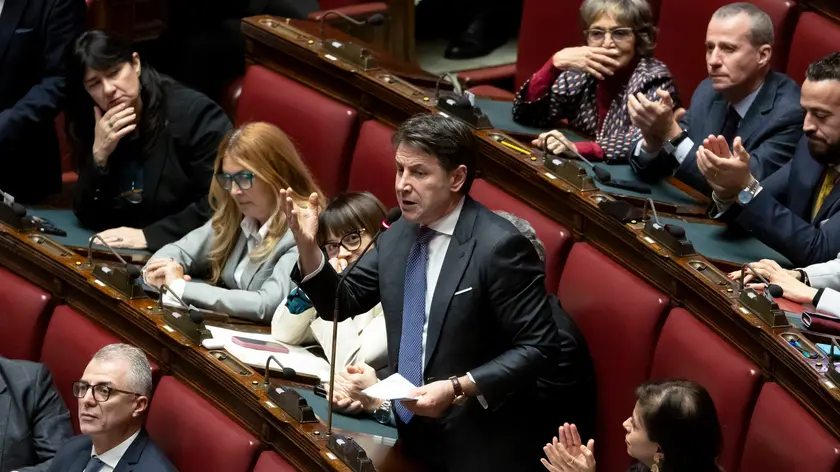 Giuseppe Conte durante la dichiarazione di voto all’interno della camera dei deputati. Roma 12 dicembre 2023 ANSA/MASSIMO PERCOSSI