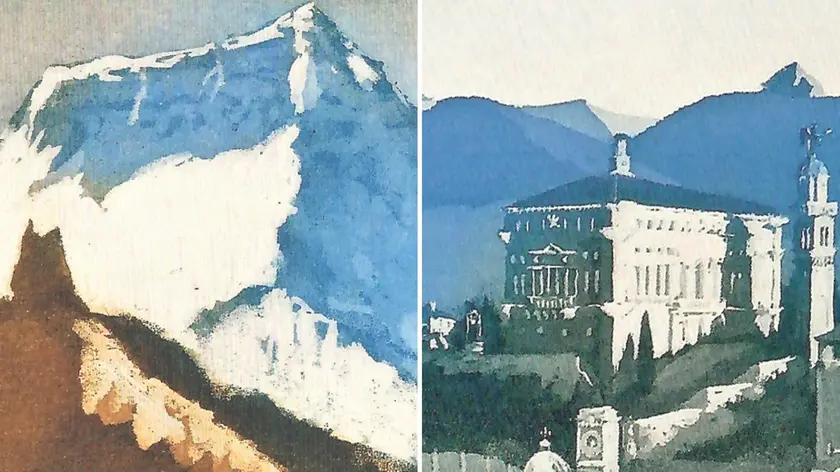 Due opere di Micossi: a sinistra Mattino verso l’Everest, a destra il castello di Udine (particolare)