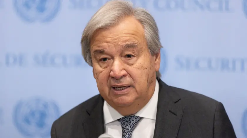 epa10938356 United Nations Secretary-General Antonio Guterres delivers a statement in response to the Israel’s government decision to ban United Nations representatives from visiting the country at United Nations headquarters in New York, New York, USA, 25 October 2023. Israel’s announcement came following remarks made by Guterres on Tuesday at a Security Council meeting about the growing conflict between Israel and Hamas in which he referenced the “suffocating occupation” experienced by the Palestinian people. EPA/JUSTIN LANE