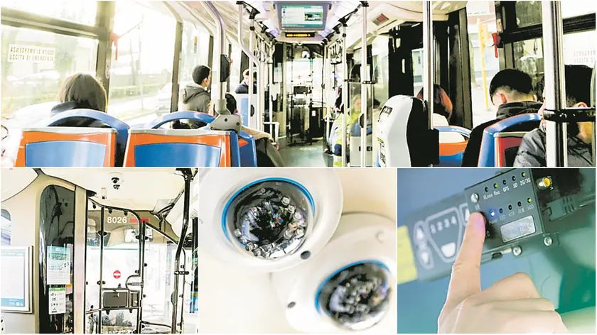 L’interno di un bus urbano e, sotto, i sistemi di sicurezza: cabina semichiusa e telecamere (foto Petrussi)