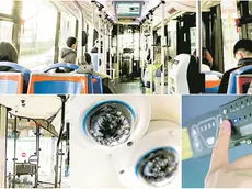 L’interno di un bus urbano e, sotto, i sistemi di sicurezza: cabina semichiusa e telecamere (foto Petrussi)