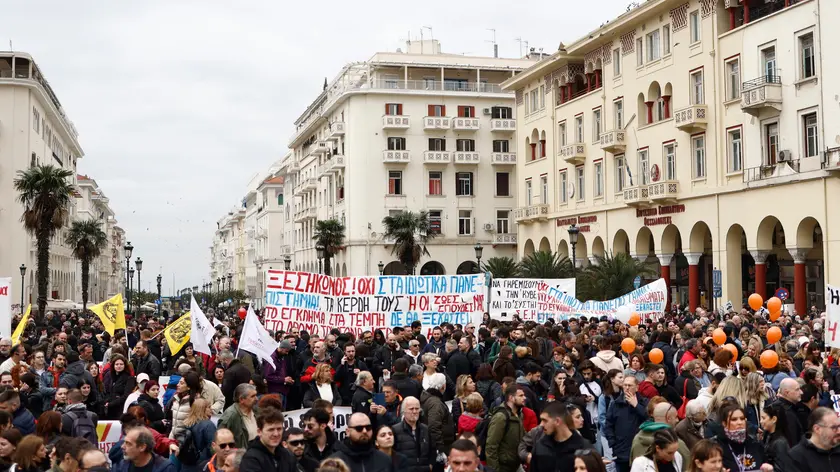 epa11186406 Demonstrators take part in a protest rally during a 24-hour nationwide strike in Thessaloniki, Greece, 28 February 2024. Labour Unions of the public and the private sector called a 24-hour nationwide strike, which will also coincide with the one-year anniversary since the lethal train crash at Tempi, which claimed 57 lives. The Unions are demanding, among others, resolution of labour and pension issues, as well as substantial pay increases, the formulation of collective labor agreements for salary negotiations and action against the high prices of products. EPA/ACHILEAS CHIRAS