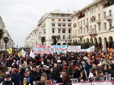 epa11186406 Demonstrators take part in a protest rally during a 24-hour nationwide strike in Thessaloniki, Greece, 28 February 2024. Labour Unions of the public and the private sector called a 24-hour nationwide strike, which will also coincide with the one-year anniversary since the lethal train crash at Tempi, which claimed 57 lives. The Unions are demanding, among others, resolution of labour and pension issues, as well as substantial pay increases, the formulation of collective labor agreements for salary negotiations and action against the high prices of products. EPA/ACHILEAS CHIRAS