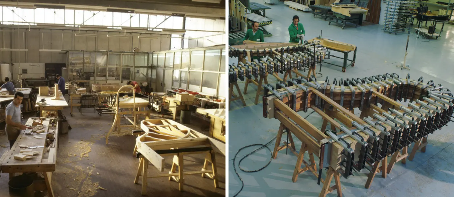 Gli interni della nuova e vecchia fabbrica della Fazioli