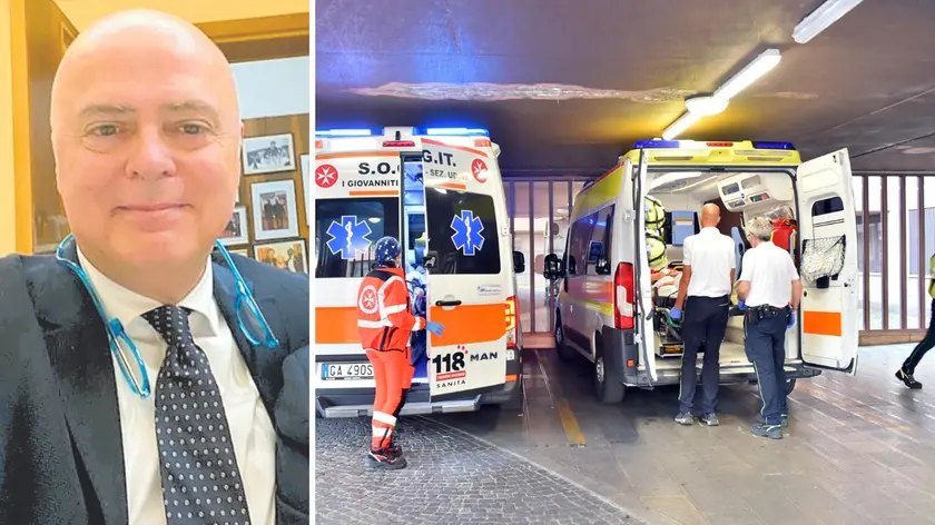 Giulio Andolfato della Cimo e, a destra, ambulanze all'ingresso del Pronto soccorso di Udine