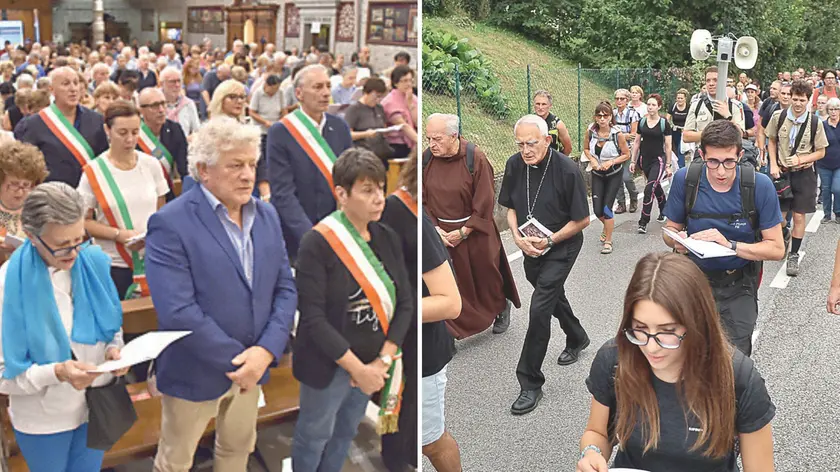 L’arcivescovo Lamba guida il pellegrinaggio verso Castelmonte, a sinistra la messa al santuario (foto Petrussi)