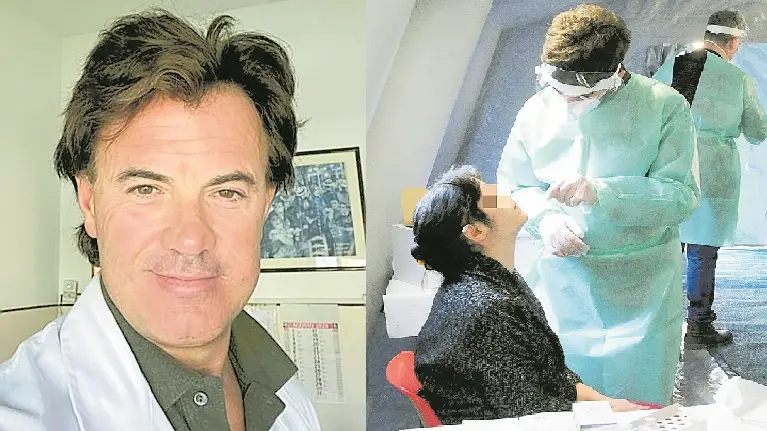 A destra Luca Cegolon e un tampone nasale per provare la negativizzazione al Covid