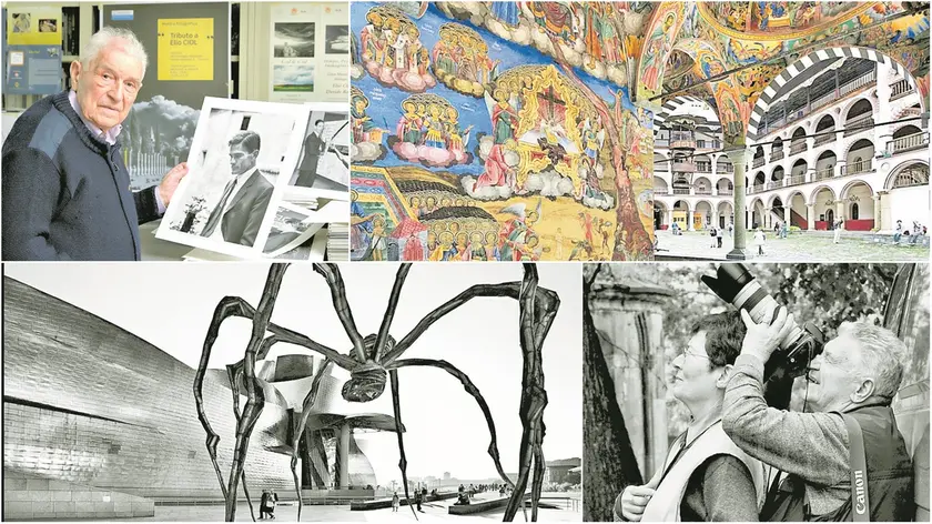 In alto a sinistra, Elio Ciol con la foto in cui ha ritratto Pasolini nel 1967 e gli affreschi del monastero di Rila. Sotto, il ragno gigante, davanti al Guggenheim Museum di Bilbao e Ciol con la moglie Rita Elisei, mancata nel 2021