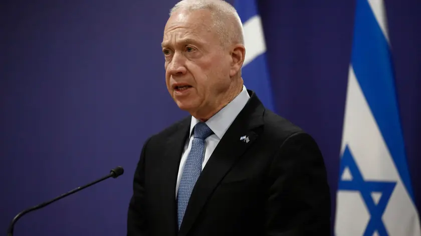 epa10608085 Israel's Defence Minister Yoav Gallant talks during the joint statements after his meeting with Greece's National Defence Minister Nikolaos Panagiotopoulos (not pictured) at the Defence Ministry in Athens, Greece, 4 ?ay 2023. EPA/YANNIS KOLESIDIS
