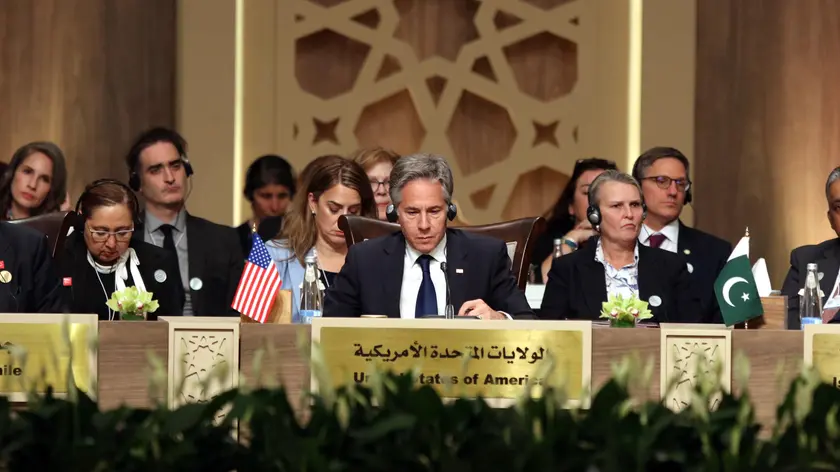 epa11404099 U.S. Secretary of State Antony Blinken attends a plenary session during the 'Call for Action: Urgent Humanitarian Response for Gaza' Conference, in the Dead Sea region, Jordan, 11 June 2024. One day after the UN Security Council passed a resolution supporting a US-brokered Gaza ceasefire, Jordan on 11 June hosts a conference to address the emergency humanitarian response for Palestinians in the Gaza Strip. The event is jointly organized with Egypt and the United Nations, with the attendance of US Secretary of State Blinken and Palestinian President Abbas. More than 37,000 Palestinians and over 1,400 Israelis have been killed, according to the Palestinian Health Ministry and the Israel Defense Forces (IDF), since Hamas militants launched an attack against Israel from the Gaza Strip on 07 October 2023, and the Israeli operations in Gaza and the West Bank which followed it. EPA/MOHAMMAD ALI