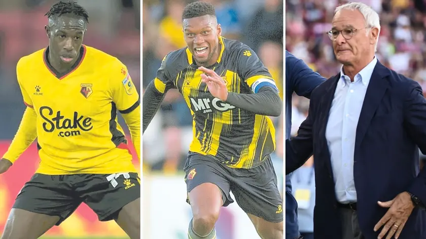 Hassane Kamara (29 anni) e Christian Kabasele (32) quando indossavano la maglia del Watford, a destra l'allenatore dei sardi Claudio Ranieri