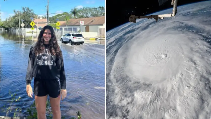 Vittoria Blasigh all'esterno della sua abitazione in Florida. A destra l'uragano Milton visto dai satelliti