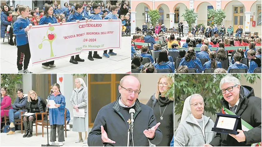 Alcuni momenti della festa per i 100 anni della scuola Nostra Signora dell’Orto e, sotto, suor Vittoria Da Roit con il sindaco De Toni (foto Petrussi)