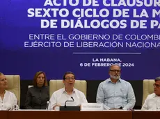 epa11131855 Pablo Beltran (R), Colombian chief negotiator of the National Liberation Army (ELN); Vera Grabe (L), head of the negotiation team of the Government of Colombia, and Bruno Rodriguez (C), Minister of Foreign Affairs of Cuba, participate in a session of the sixth cycle of negotiations with ELN, in Havana, Cuba, 06 February 2024. The Colombian government and the ELN announced an agreement to create a 'multi-donor fund for the peace process'. EPA/Ernesto Mastrascusa