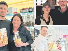 La titolare della caffetteria Greco di via Aquileia, Sabrina Galliussi, assieme al collaboratore Filippo. Sotto Claudio Terenzani della gelateria Mont Blanc, sopra Roberto Sorrentino chef dell’Accademia del gelato con la moglie Laura Poli