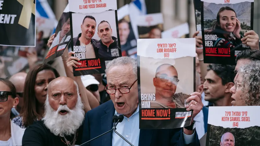 epa11386460 Majority leader Senator Chuck Schumer (NY, D) speaks during the annual Israel Day of Fifth parade along Fifth Avenue in New York, New York, USA, 02 June 2024. The parade has been held annually since 1964. EPA/OLGA FEDOROVA