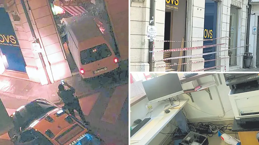 A sinistra il furgone utilizzato come ariete all’Ovs, sopra a destra il negozio di piazza Garibaldi e sotto i danni all’interno della piscina (FOTO PETRUSSI)