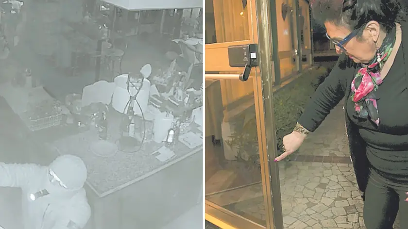 A sinistra un frame delle telecamere in cui si vede il ladro nel ristorante, a destra la titolare del Ragno d’Oro mostra i danni alla porta (foto Bonaventura)