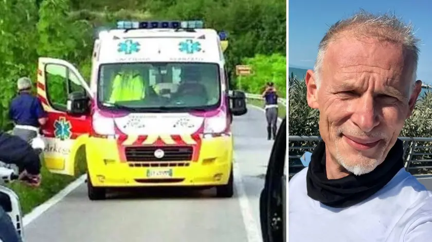 L'ambulanza sul ponte Giulio e, a destra, la vittima: Andrea Putzolu