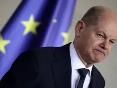 epa11274633 German Chancellor Olaf Scholz looks on during a press conference with Georgia's Prime Minister Irakli Kobakhidze, at the Chancellery in Berlin, Germany, 12 April 2024. German Chancellor Olaf Scholz and Georgia's Prime Minister Irakli Kobakhidze met for bilateral talks. EPA/CLEMENS BILAN