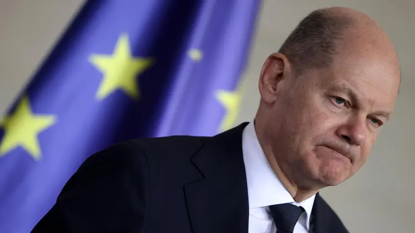 epa11274633 German Chancellor Olaf Scholz looks on during a press conference with Georgia's Prime Minister Irakli Kobakhidze, at the Chancellery in Berlin, Germany, 12 April 2024. German Chancellor Olaf Scholz and Georgia's Prime Minister Irakli Kobakhidze met for bilateral talks. EPA/CLEMENS BILAN