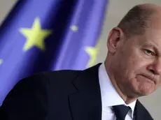 epa11274633 German Chancellor Olaf Scholz looks on during a press conference with Georgia's Prime Minister Irakli Kobakhidze, at the Chancellery in Berlin, Germany, 12 April 2024. German Chancellor Olaf Scholz and Georgia's Prime Minister Irakli Kobakhidze met for bilateral talks. EPA/CLEMENS BILAN