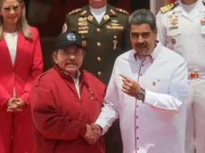 epa11298561 The president of Venezuela Nicolas Maduro (R) receives the president of Nicaragua, Daniel Ortega, who will participate in the ALBA Summit at the Miraflores Palace, in Caracas, Venezuela, 24 April 2024. The XXIII Summit of the Bolivarian Alliance for the Peoples of Our America (ALBA) brings together in Caracas presidents of several bloc countries, among them, the Cuban Miguel Diaz-Canel, the Nicaraguan Daniel Ortega, and the Bolivian Luis Arce, who will meet with their Venezuelan counterpart Nicolas Maduro in a conclave in which they will address issues of common interest. EPA/Miguel Gutierrez