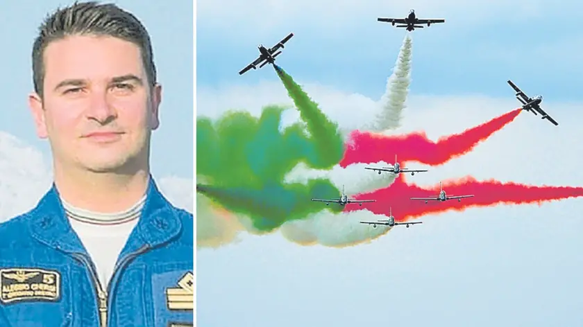 Il capitano Alessio Ghersi e, a destra, una "figura" delle Frecce tricolori