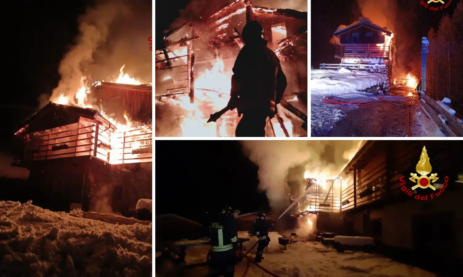 Le immagini dell'incendio a Sauris: al lavoro i vigili del fuoco per spegnere le fiamme