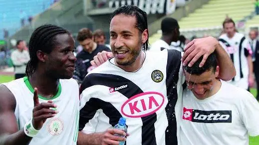 ANTEPRIMA Udine 7 MAGGIO 2006. CALCIO SERIE A 2005-2006. Udinese-Cagliari. Ghedafi con Obodo e Di Natale a fine partita. Copyright Diego Petrussi/Foto Agency Anteprima Udine