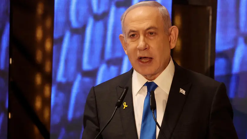 epa11336583 Israeli Prime Minister Benjamin Netanyahu addresses a ceremony marking Memorial Day for fallen soldiers of IsraelÂ?s wars and victims of attacks at Israel's Mount Herzl national military cemetery in Jerusalem, 13 May 2024. Israel marks Memorial Day (Yom HaZikaron) to commemorate fallen soldiers and victims of attacks recorded since 1860 by the defence ministry. EPA/GIL COHEN-MAGEN / POOL