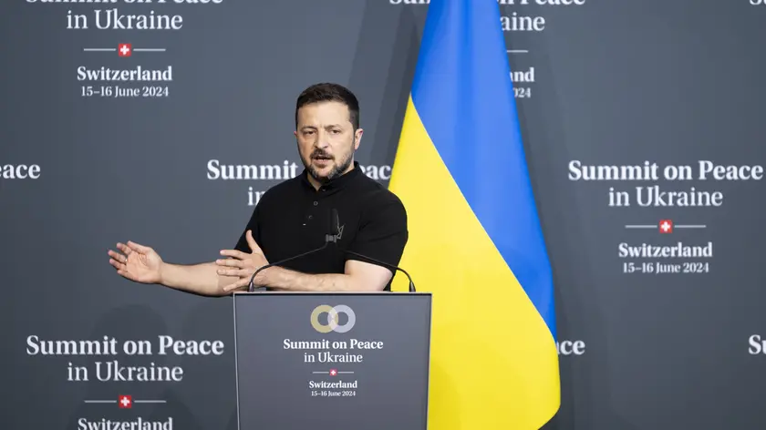epa11415189 Ukrainian President Volodymyr Zelensky speaks during the closing Media conference during the Summit on peace in Ukraine in Stansstad near Lucerne, Switzerland, 16 June 2024. International heads of state gather on 15 and 16 June at the Buergenstock Resort in central Switzerland for the two-day Summit on Peace in Ukraine. EPA/ALESSANDRO DELLA VALLE / POOL EDITORIAL USE ONLY