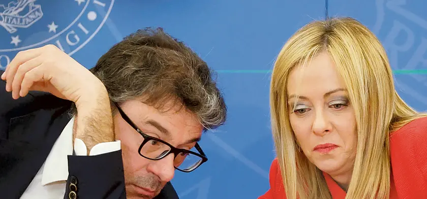Italian Prime Minister Giorgia Meloni and Italian Economy Minister Giancarlo Giorgetti during a press conference in Rome, Italy, 22 November 2022. ANSA/FABIO FRUSTACI