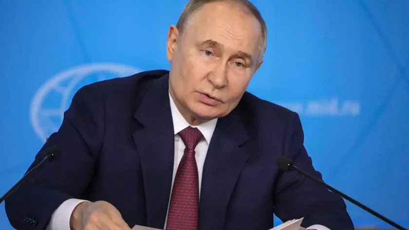 epa11409242 Russian President Vladimir Putin holds a meeting with the leadership of the Russian Foreign Ministry in Moscow, Russia, 14 June 2024. 'Ukrainian troops must be completely withdrawn from the DPR, LPR, Kherson and Zaporizhia regions. From their entire territory, their administrative borders at the time of their entry into the Russian Federation. As soon as Kiev announces this and gives a promise not to join NATO, we will immediately ensure the safe withdrawal of Ukrainian troops and begin the negotiation process', Putin said at the meeting. EPA/STRINGER