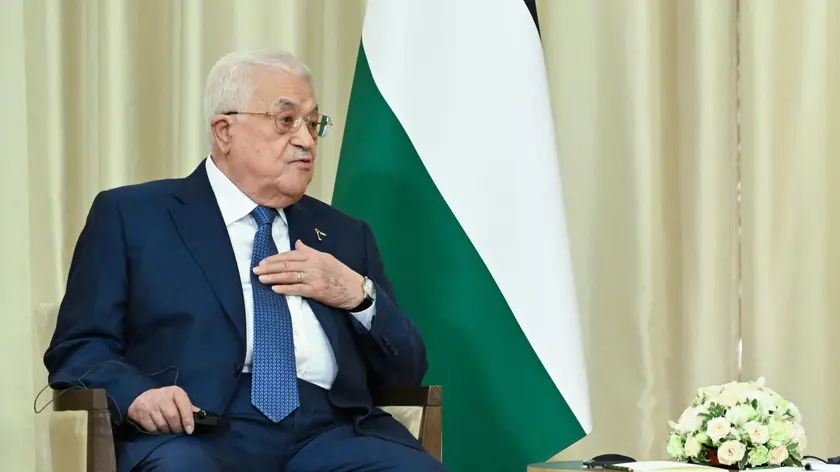 epa11547522 Palestinian President Mahmoud Abbas attends a meeting with Russian president at the Novo-Ogaryovo state residence, outside Moscow, Russia, 13 August 2024. Mahmoud Abbas is on a three day official visit to Russia. EPA/ALEXEY MAISHEV/SPUTNIK/KREMLIN POOL MANDATORY CREDIT