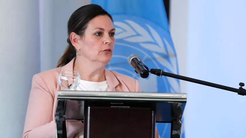 epa11187010 The representative in Colombia of the UN Office for Human Rights, Juliette de Rivero, speaks during the presentation of the most recent report on the matter in the country in Bogota, Colombia, 28 February 2024. Massacres increased in Colombia for the fourth consecutive year in 2023, when there were 98, according to the annual report presented on 28 February by the UN Office for Human Rights, which also revealed a decrease in the murder of social leaders. EPA/CARLOS ORTEGA