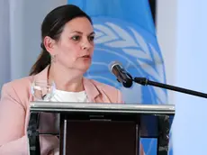 epa11187010 The representative in Colombia of the UN Office for Human Rights, Juliette de Rivero, speaks during the presentation of the most recent report on the matter in the country in Bogota, Colombia, 28 February 2024. Massacres increased in Colombia for the fourth consecutive year in 2023, when there were 98, according to the annual report presented on 28 February by the UN Office for Human Rights, which also revealed a decrease in the murder of social leaders. EPA/CARLOS ORTEGA