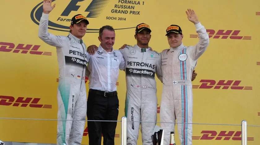 © Photo4 / LaPresse.12/10/2014.Sport .Grand Prix Formula One Russia 2014.In the pic: the podium, winner Lewis Hamilton (GBR) Mercedes AMG F1 W05, 2nd Nico Rosberg (GER) Mercedes AMG F1 W05, 3rd Valtteri Bottas (FIN) Williams F1 Team FW36, Paddy Lowe (GBR) Mercedes AMG F1 Executive Director