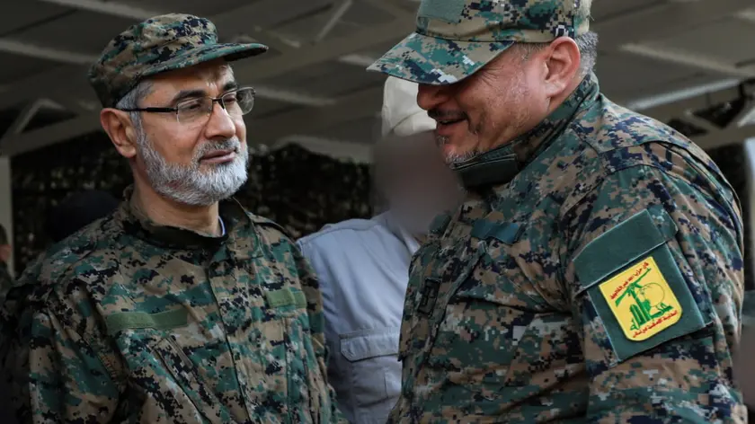 epa11616648 An undated handout photo made available by Hezbollah Military Media shows Hezbollah commander Ibrahim Akil (L) with another unidentified Hezbollah commander at an undisclosed location (issued 21 September 2024). At least fourteen people, including Hezbollah commander Ibrahim Akil, were killed and dozens injured in an attack which targeted the southern suburb of Beirut, according to the Lebanese Ministry of Health. The Israeli military stated on 20 September that it conducted a 'targeted strike' in Beirut, claiming that the 'Hezbollah Commanders we eliminated today' had been planning attacks on northern areas of Israel. EPA/HEZBOLLAH MILITARY MEDIA / HANDOUT HANDOUT EDITORIAL USE ONLY/NO SALES