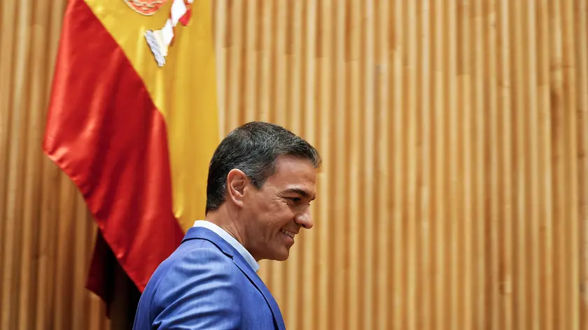 epa11607689 Spainish Prime Minister and Spanish Socialist Workers' Party (PSOE) general secretary Pedro Sanchez arrives to chair the interparliamentary meeting of the Socialist Parliamentary Group held at the Lower House (Congreso) of the Spanish Parliament in Madrid on 16 September 2024. EPA/JAVIER LIZON