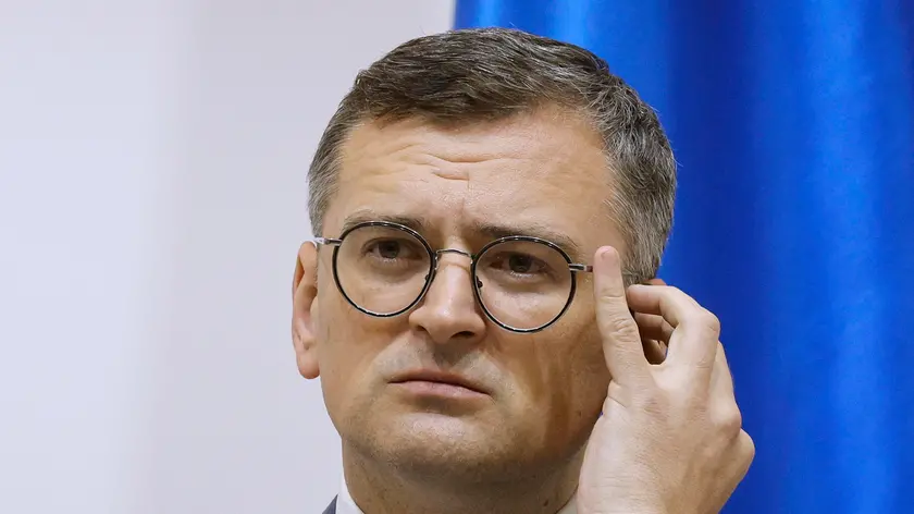 epa11358042 Ukrainian Foreign Minister Dmytro Kuleba addresses a joint press conference with German Foreign Minister Annalena Baerbock (not pictured) in Kyiv, Ukraine, 21 May 2024. Baerbock arrived in Kyiv to meet with top Ukrainian officials amid the ongoing Russian invasion. EPA/SERGEY DOLZHENKO
