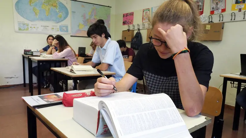Gli studenti dell'istituto agrario "Serpieri" di Bologna impegnati nella prima prova scritta di italiano a Bologna, 20 giugno 2018. ANSA / GIORGIO BENVENUTI