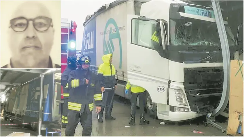 Sopra, Alfonso Guillermo Andreo, 57 anni; sotto, il mezzo pesante finito contro la pensilina e, a destra, l’intervento dei soccorsi alla Rhos
