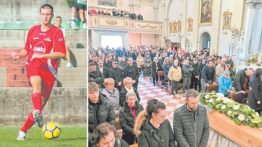 Mattia Miano con la maglia del San Daniele e, a destra, un momento dei funerali