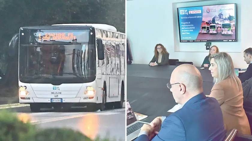 A sinistra l'autobus in transito, a destra la conferenza stampa di presentazione