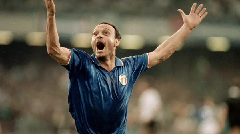 Salvatore Schillaci, Italy, celebrates goal versus Argentina in the semi-final (Photo by Ross Kinnaird/EMPICS via Getty Images)